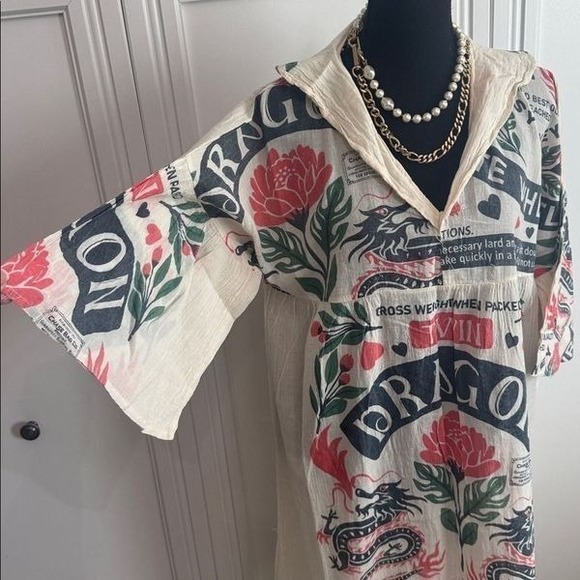 Vintage Sack Dragon Print Cotton Bell Sleeve Dress - Picture 3 of 7